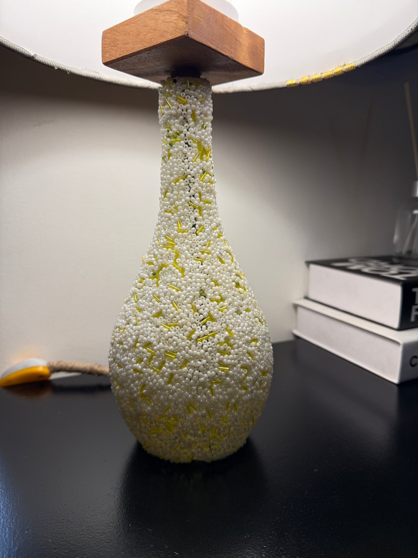 Shanga lamp - (golden shell shade, white/yellow beaded base)