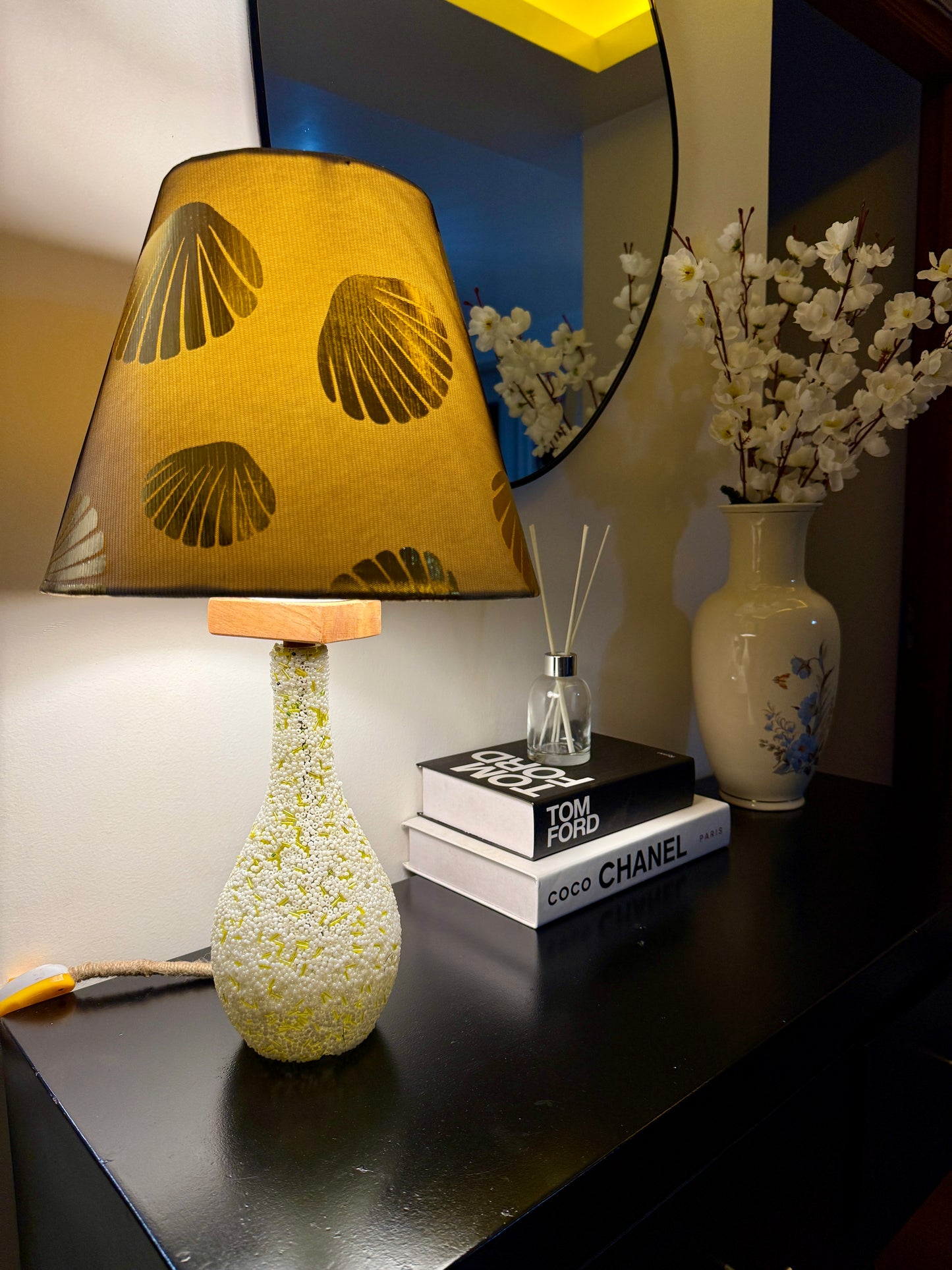 Shanga lamp - (golden shell shade, white/yellow beaded base)